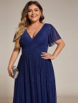 V-Neck Glittery Short Sleeves Formal Evening Dress with Empire Waist – Navy Blue