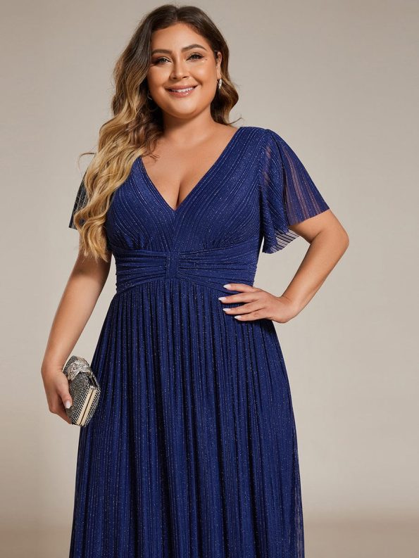 V-Neck Glittery Short Sleeves Formal Evening Dress with Empire Waist - Navy Blue