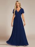 V-Neck Glittery Short Sleeves Formal Evening Dress with Empire Waist – Navy Blue