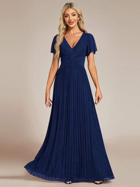 V-Neck Glittery Short Sleeves Formal Evening Dress with Empire Waist - Navy Blue