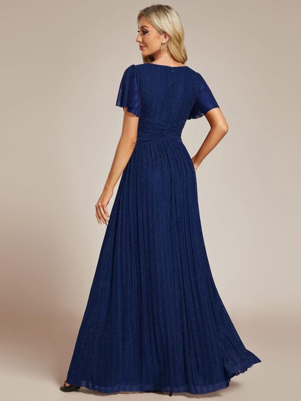 V-Neck Glittery Short Sleeves Formal Evening Dress with Empire Waist - Navy Blue