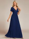 V-Neck Glittery Short Sleeves Formal Evening Dress with Empire Waist – Navy Blue