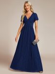 V-Neck Glittery Short Sleeves Formal Evening Dress with Empire Waist - Navy Blue