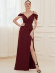 V-Neck Cold Shoulder Floor-Length Evening Dress – Burgundy