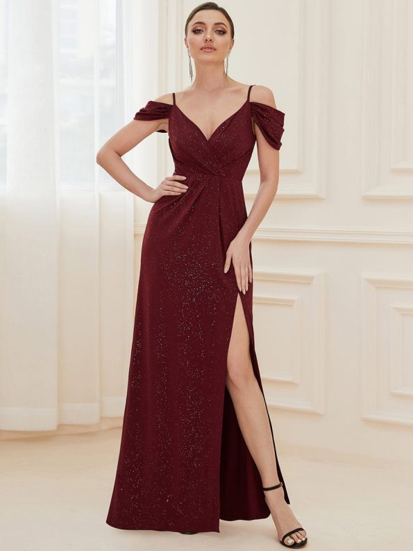 V-Neck Cold Shoulder Floor-Length Evening Dress - Burgundy