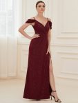 V-Neck Cold Shoulder Floor-Length Evening Dress – Burgundy