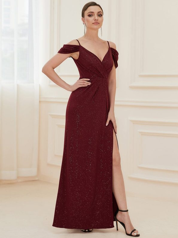 V-Neck Cold Shoulder Floor-Length Evening Dress - Burgundy