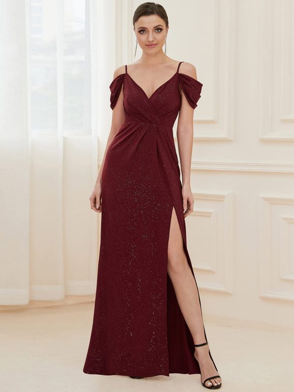 V-Neck Cold Shoulder Floor-Length Evening Dress - Burgundy