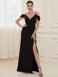 V-Neck Cold Shoulder Floor-Length Evening Dress – Black