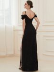 V-Neck Cold Shoulder Floor-Length Evening Dress – Black