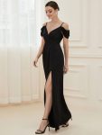 V-Neck Cold Shoulder Floor-Length Evening Dress – Black