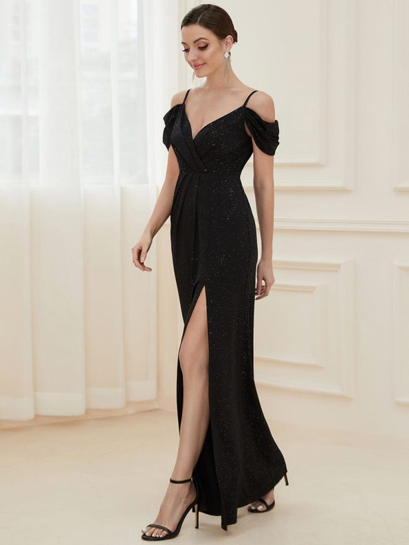 V-Neck Cold Shoulder Floor-Length Evening Dress - Black