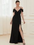 V-Neck Cold Shoulder Floor-Length Evening Dress – Black