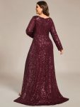 Custom Size Sequin Long Sleeve V-Neck High Slit Bodycon Evening Dress – Burgundy