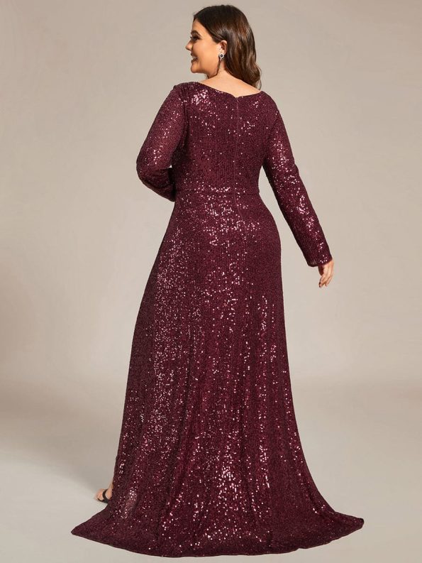 Custom Size Sequin Long Sleeve V-Neck High Slit Bodycon Evening Dress - Burgundy