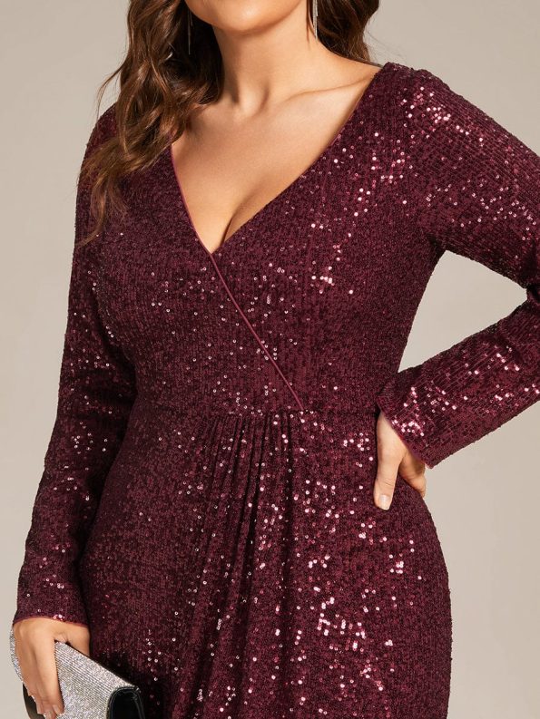 Custom Size Sequin Long Sleeve V-Neck High Slit Bodycon Evening Dress - Burgundy