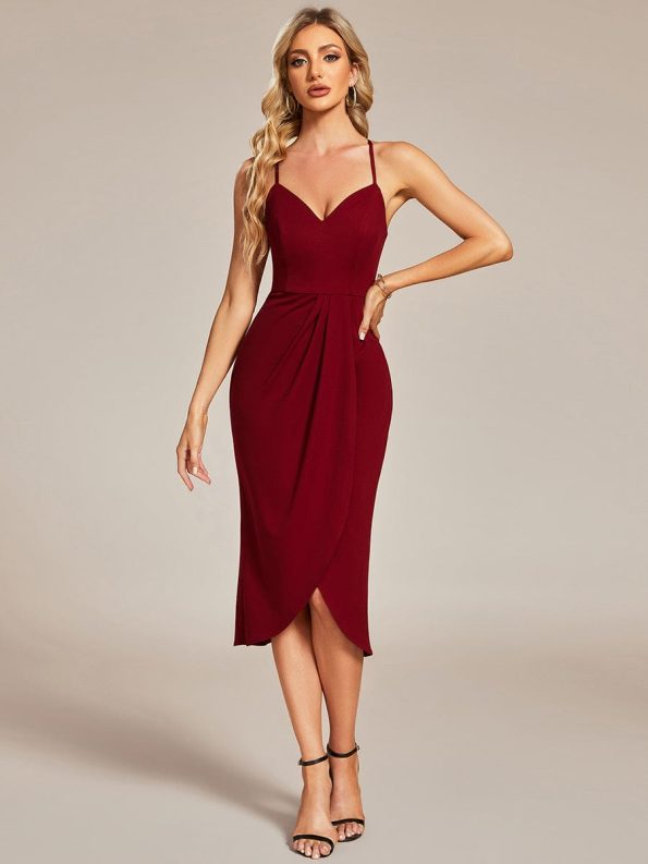 Elegant Pleated Tea Length High Stretch Backless Wedding Guest Dress - Burgundy