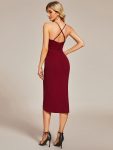 Elegant Pleated Tea Length High Stretch Backless Wedding Guest Dress – Burgundy