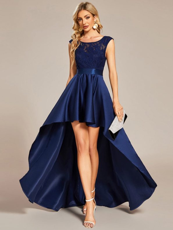 Elegant Sleeveless High-low Lace Top Wedding Guest Dress - Navy Blue