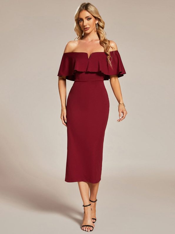 Off The Shoulder Bodycon Tea Length Wedding Guest Dress - Burgundy