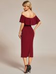 Off The Shoulder Bodycon Tea Length Wedding Guest Dress – Burgundy