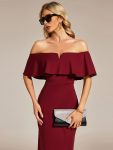 Off The Shoulder Bodycon Tea Length Wedding Guest Dress – Burgundy