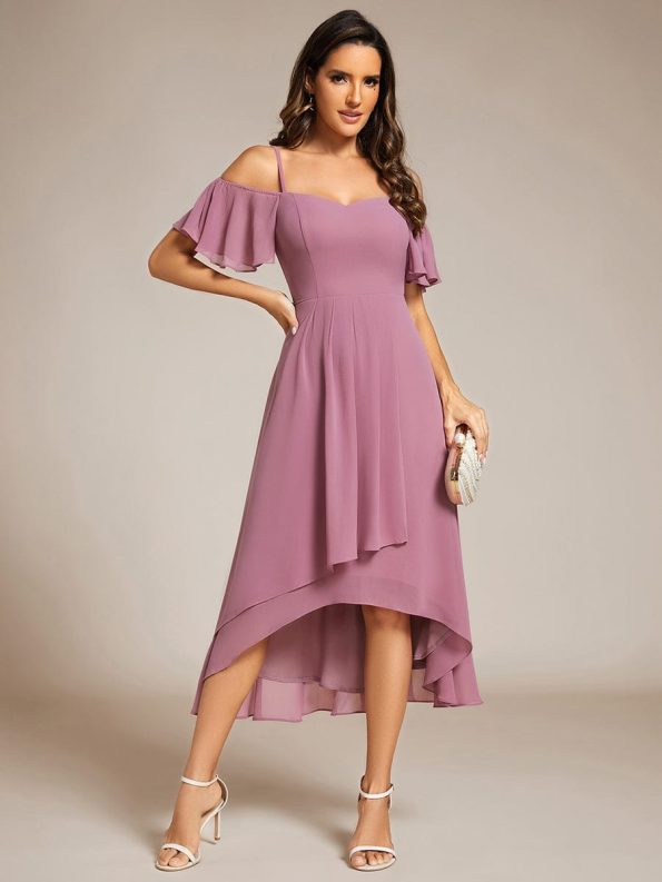 Spaghetti Strap Cold Shoulder Chiffon A-Line Midi Wedding Guest Dress - Purple Orchid