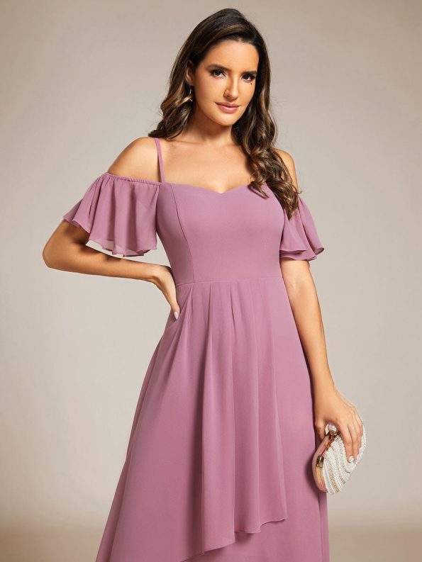 Spaghetti Strap Cold Shoulder Chiffon A-Line Midi Wedding Guest Dress - Purple Orchid