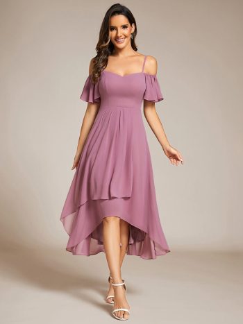 Spaghetti Strap Cold Shoulder Chiffon A-Line Midi Wedding Guest Dress - Purple Orchid