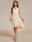 V-Neck High-Low Glitter Sleeveless Wedding Guest Dress with Pleated - Champagne