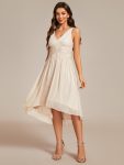 V-Neck High-Low Glitter Sleeveless Wedding Guest Dress with Pleated – Champagne