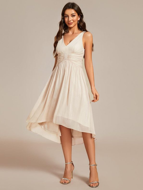 V-Neck High-Low Glitter Sleeveless Wedding Guest Dress with Pleated - Champagne