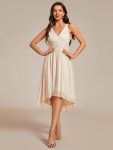 V-Neck High-Low Glitter Sleeveless Wedding Guest Dress with Pleated – Champagne