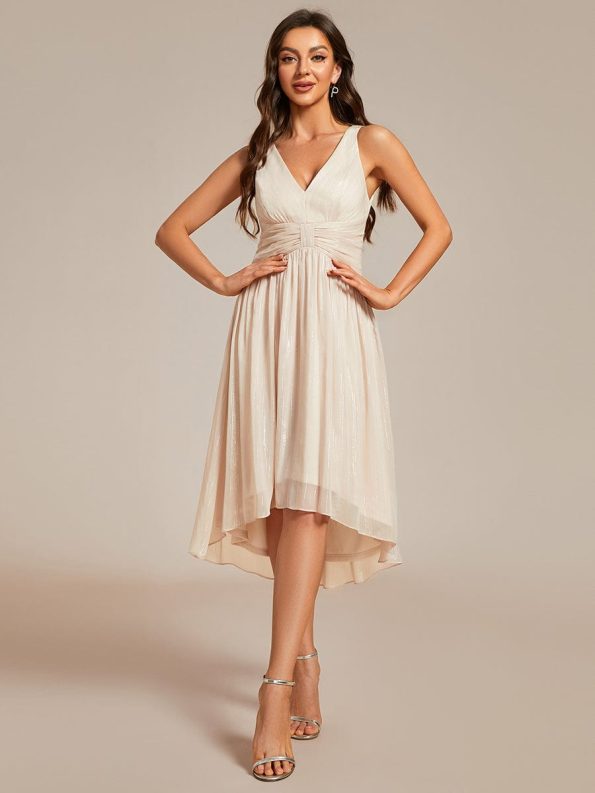 V-Neck High-Low Glitter Sleeveless Wedding Guest Dress with Pleated - Champagne