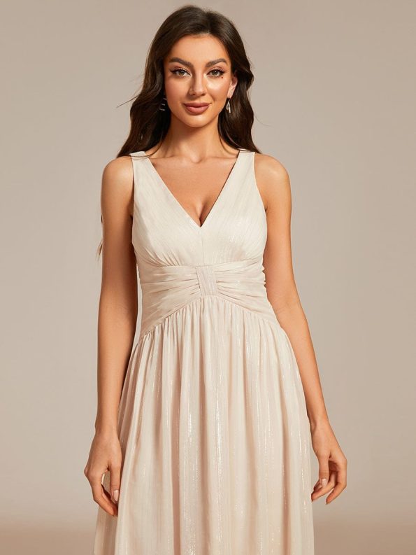 V-Neck High-Low Glitter Sleeveless Wedding Guest Dress with Pleated - Champagne