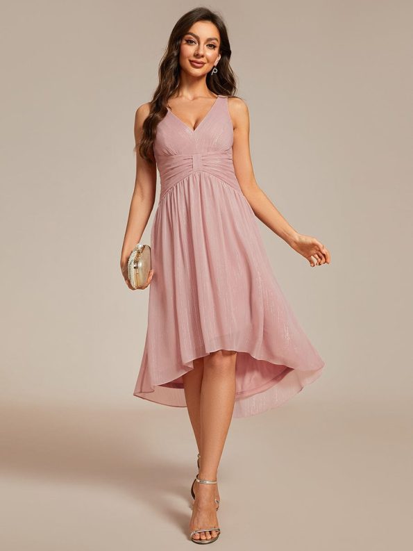 V-Neck High-Low Glitter Sleeveless Wedding Guest Dress with Pleated - Dusty Rose