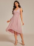 V-Neck High-Low Glitter Sleeveless Wedding Guest Dress with Pleated – Dusty Rose