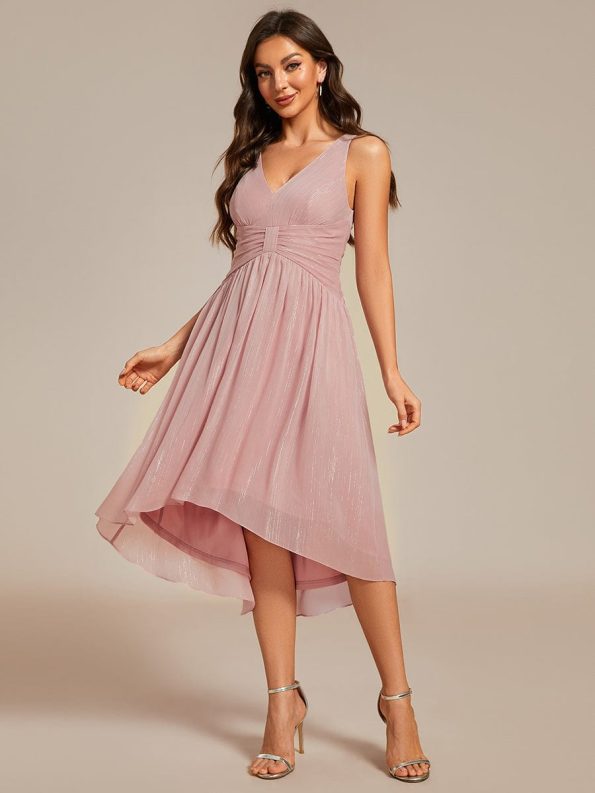 V-Neck High-Low Glitter Sleeveless Wedding Guest Dress with Pleated - Dusty Rose