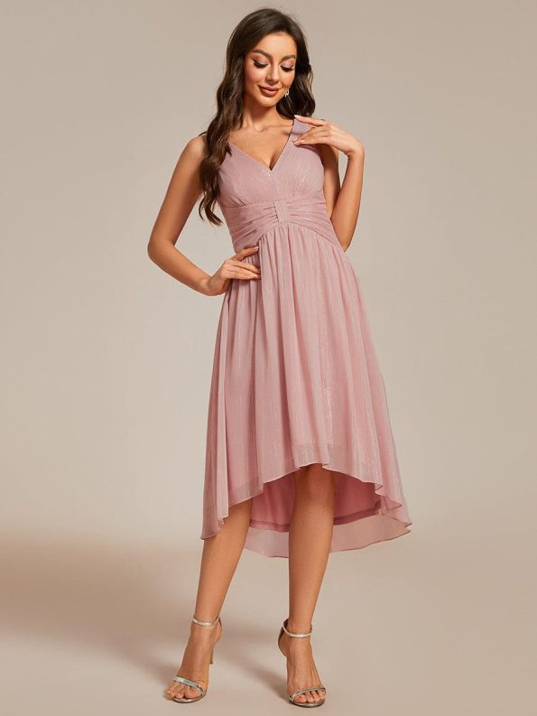 V-Neck High-Low Glitter Sleeveless Wedding Guest Dress with Pleated - Dusty Rose