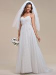 Spaghetti Strap Waist Pearl Sweetheart Collar Tulle Wedding Dress with Lace – Ivory