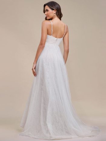 Spaghetti Strap Waist Pearl Sweetheart Collar Tulle Wedding Dress with Lace - Ivory