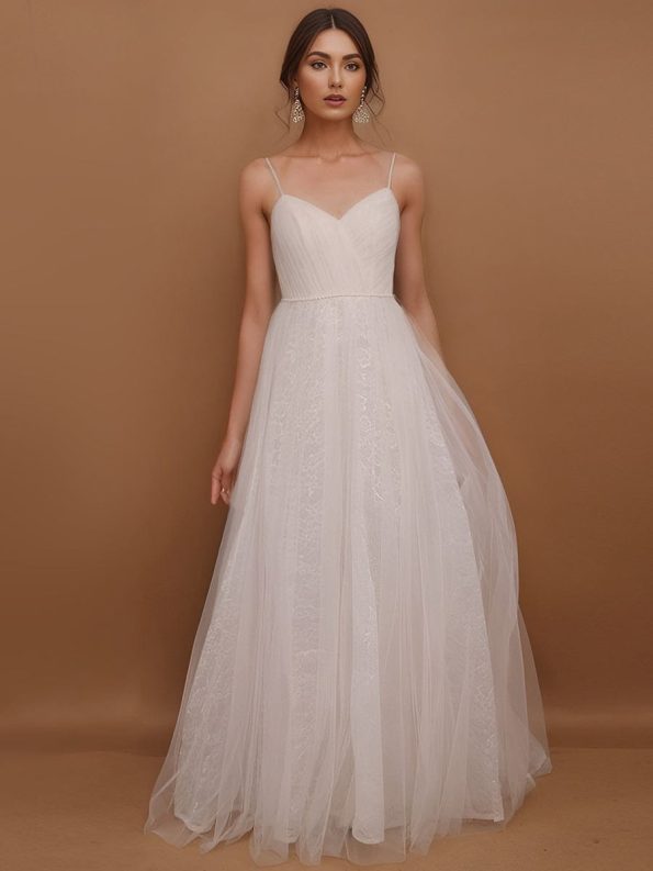 Spaghetti Strap Waist Pearl Sweetheart Collar Tulle Wedding Dress with Lace - Ivory