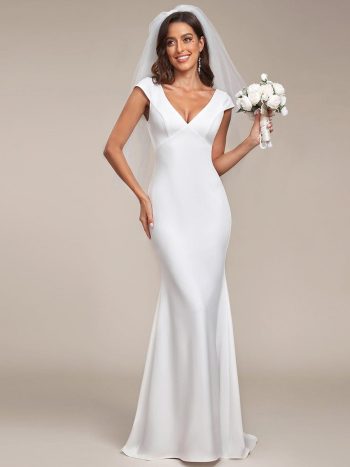 Cap Sleeve Deep V-Neck Backless Fishtail Wedding Dress - White