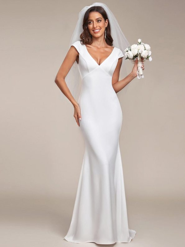 Cap Sleeve Deep V-Neck Backless Fishtail Wedding Dress - White