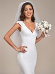 Cap Sleeve Deep V-Neck Backless Fishtail Wedding Dress – White