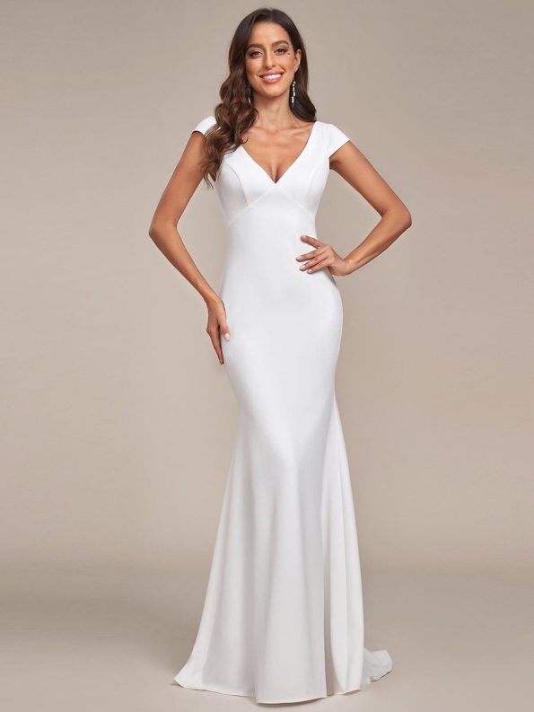 Cap Sleeve Deep V-Neck Backless Fishtail Wedding Dress - White