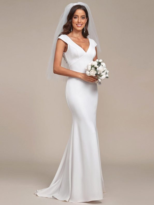 Cap Sleeve Deep V-Neck Backless Fishtail Wedding Dress - White