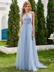 A-Line Halter Neck Applique Wedding Dress with Tulle - Light Blue