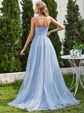 A-Line Halter Neck Applique Wedding Dress with Tulle - Light Blue