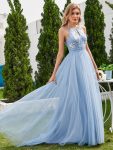 A-Line Halter Neck Applique Wedding Dress with Tulle – Light Blue